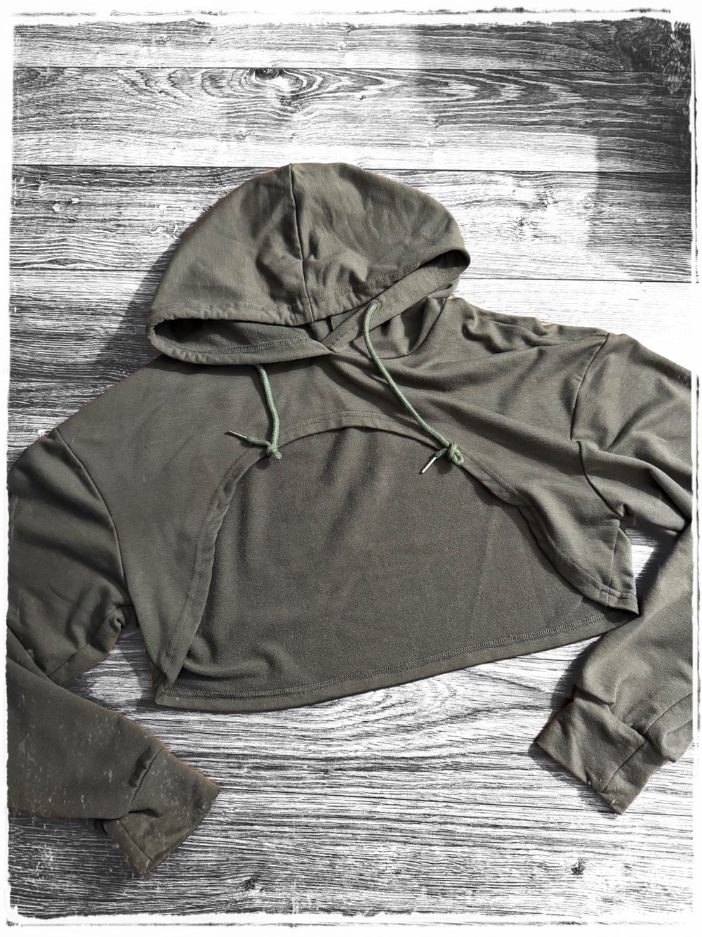 Olive Green Cropped Hoodie Top with Drawstring